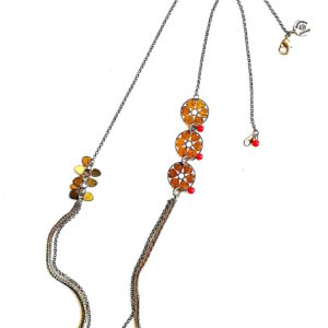 Collier TROIS TREFLES chaines multiples estampe 4 coeurs en laiton doré et ses perles en verre de couleur