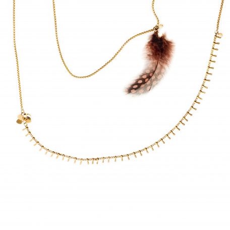 Collier multi chaine en laiton doré perles et plumes de couleur